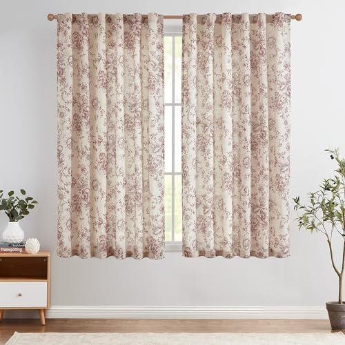 TOPICK Leinen Gardinen Floral Vorhänge mit verdeckten Schlaufen Lichtdurchlässig Bauernhaus Lang Gardinen Fensterschal für Wohnzimmer Schlafzimmer Fenster,2er Set 140 B x 175 H (cm),Rot auf Beige