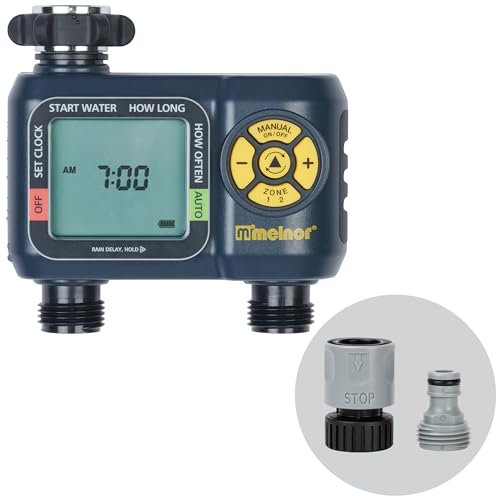 Melnor 65139AMZ AquaTimer Timer digitale per tubi, timer per irrigazione programmabile a 2 zone, pacchetto di connessione rapida, nero, giallo