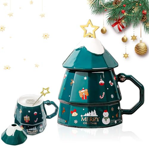 Taza de Navidad, taza de cerámica para árbol de Navidad, 350 ml, taza de té, zumo de leche, tazas de Navidad con tapa, taza de café creativa para cumpleaños, Navidad, niñas, niños, regalos (verde)