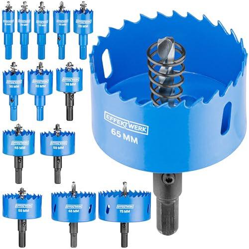 EffektWerk - Kit per sega a tazza - 18 mm - 75 mm - 13 punte per sega a tazza con punte centrali, chiavi esagonali e adattatori per trapano - Perfetto per legno tenero e PVC