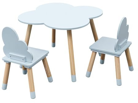 Rebecca Mobili Set Tisch und Stühle für Kinder, Stühle und Tisch für Kinderzimmer, hellblau, braun, MDF, Kiefer, für Spielzimmer, Kindergarten – Maße: 44 x 60 x 60 cm / 50 x 25 x 25 cm – Art. RE7141