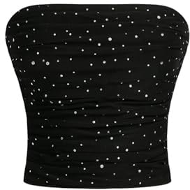 Floerns Women's Rhinestone Sleeveless Bandeau Party Corset Strapless Tube Sequin Top Black Large