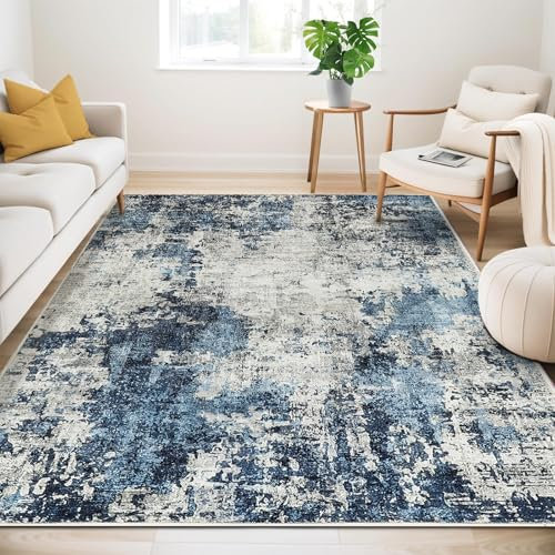 Guchuang Bedding Teppich Wohnzimmer 140x200cm, Blau Teppich Vintage Meliert Verwischt Design Kurzflor Teppiche, Waschbar rutschfest Teppiche für Schlafzimmer