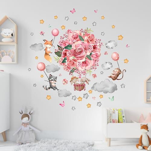 Wandaufkleber mit Heißluftballon-Blumen und Tieren,Babyzimmer Wandsticker,Kinderzimmer Wandaufkleber Babyzimmer Wanddeko,Wanddeko für Mädchen Kinderzimmer Schlafzimmer Wohnzimmer