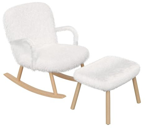 RWUDV Schaukelstuhl mit Hocker, Sherpa Wolle Relaxsessel mit Fußhocker, Schwingsessel mit Fußstütze, Schaukelsessel mit Holzkufen und Armlehne, Relaxsessel mit gepolsterter Sitzfläche, für Wohnzimmer