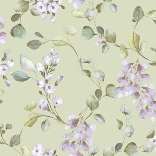 Rosalie Lilac Sage Green Wallpaper - Blossom Flowers Leaves - Wet Removable - Paste The Paper