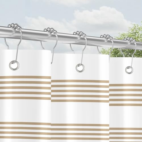 Duschvorhang mit Metall Duschvorhangringe 120x200 cm Beige Streifendesign, Beschwerter Saum Antischimmel Textil, Wasserabweisend, Waschbar Polyester Badevorhänge Set mit Ösen für Badezimmer, Badewanne