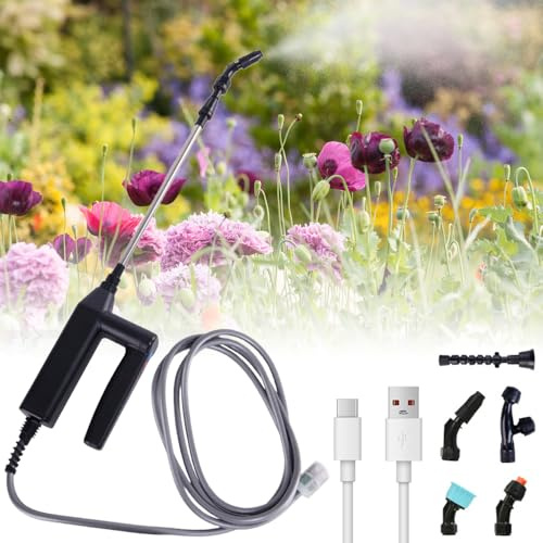 Pulverizador a presión con batería, Afenau de 7.4V eléctrico para plantas con 5 boquillas ajustables, manguera de 8m, 3 velocidades, pulverizador eléctrico a presión, dispositivo de pulverización con