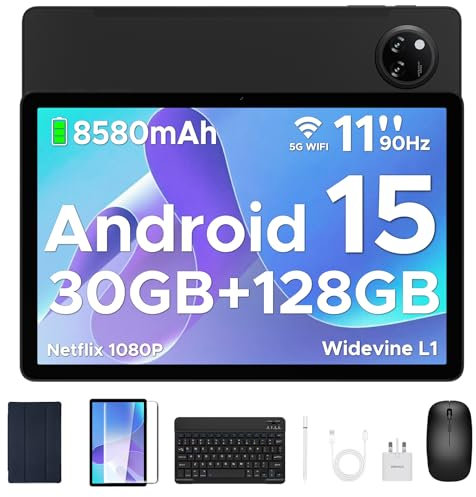 DOOGEE Tab A9 Pro+ Android 15 Tablet, 11 Inch HD Display Tablets, 30GB RAM+128GB ROM/2TB, 8580mAh Android Tablets, Tablet with Keyboard/Pen/Mouse/Case, Widevine L1, Dual Speaker/Face ID/OTG