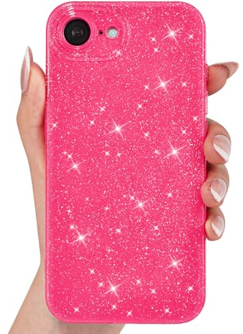Svanove for iPhone SE Case Glitter 2n 3rd Generation 2020 2022, Sparkly Girly Cute Bling Sparkle Shiny Bright Phone Case for Women, Glittery Thin Slim Jelly Soft Silicone Rubber Cover, Neon Hot Pink