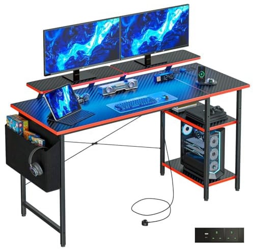 DOMSHOCT Gaming Desk with LED Lights & Power Outlets, Reversible Computer Desk with Storage Shelves & Dual Monitor Stands, for Home Office & Study, 120×50cm Carbon Fiber Black