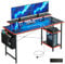 DOMSHOCT Gaming Desk with LED Lights & Power Outlets, Reversible Computer Desk with Storage Shelves & Dual Monitor Stands, for Home Office & Study, 120×50cm Carbon Fiber Black