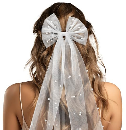 1 Stück Schleier Braut Haarschleife JGA Schleier Braut mit Perlen und Haarspange Weißer Elegante Brautschleier für Junggesellenabschied Hochzeit Damen Mädchen Party Haarschmuck