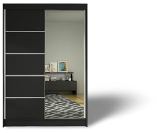 ELUKS - DELIN Sliding Doors Wardrobe with Mirror Furniture for Bedroom Living Room and Hall Wardrobe Organizer Width 100cm/120cm/150cm/180cm/200cm/WHITE/BLACK/OAK (Black, 120cm)