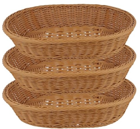 SINJEUN 3 Stück 35 x 25 x 7cm Braun Ovaler Weidenkorb, Geflochtene Brotkörbe, Poly Weidenkorb für Lebensmittel, Obst, Kosmetik, Küche und Aufbewahrung