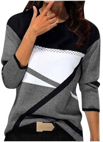 Autumn Pullover Women Sweater Warm Elegant Printed Crew Neck Comfortable Pullover Long Sleeve Knitted Casual Top Crop Teen Girls, gray, XL