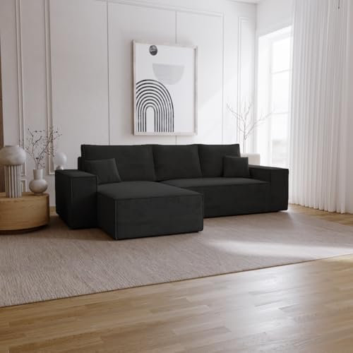 Emporius Bergamo L Ecksofa mit Bettkasten - Schlafsofa, Bettkasten, Samtstoff - Links, Eckcouch L-Form Schwarz (Amor Velvet 4322)