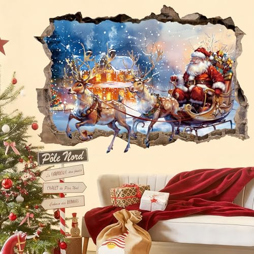 KAIRNE Weihnacht Fenster Aufkleber 3D Weihnacht Fensterdeko Bunt Weihnachtsmann Fensterbild DIY Abnehmbare Durchbruch Wandbilder Weihnachten Rentier für Tür Wohnzimmer Schlafzimmer Schaufenster Deko