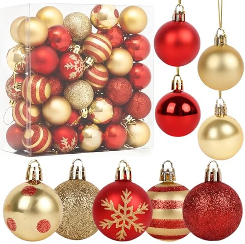 50 Pieces Christmas Balls Ornaments, 40mm Christmas Baubles Xmas Balls Pendants, Red Gold Shatterproof Hanging Ball Glitter Xmas Tree Baubles for Tree Garlands Wreaths DIY Home Decor