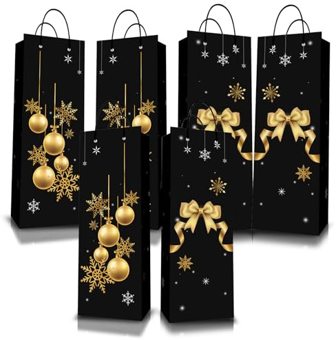 6Pcs Christma Bottle Bag Wine, Reusable Kraft Paper Wine Gift Bag bulk with Handles, Strong Xmas Wine Bottle Bags, Black and Gold Wine Bags for Christmas New Year Winter Holiday Party Supplies
