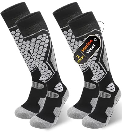 QUPOLPOL Chaussettes de Ski en Laine Mérinos – 2 Paires Chaussettes Thermiques Hautes au Genou pour Homme et Femme, Chaudes, Respirantes et Rembourrées pour Hiver, Neige et Sports d’Hiver, EU 34-38