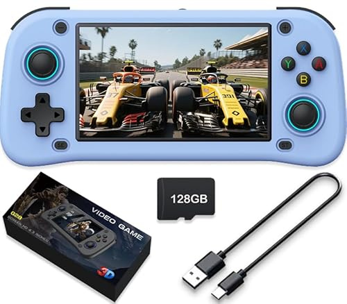 Nuova console da gioco portatile, 128 GB di memoria interna con 20.000 giochi, sistema Linux, console portatile per videogiochi, schermo IPS da 4,3 pollici, oltre 30 emulatori e sistema Linux (blu