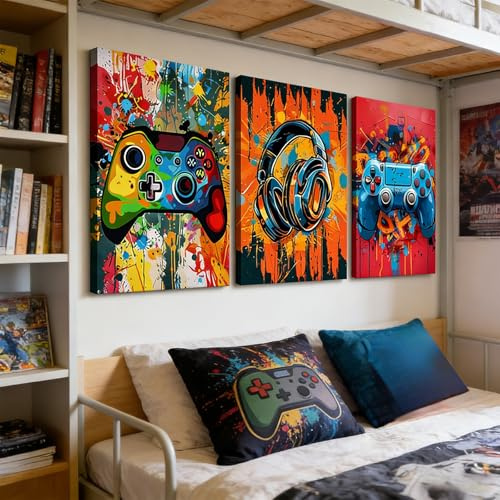 Xiyocadt 3 Stück Gaming Poster, Gaming Wanddekoration, Teile Bunte Graffiti Wandbilder – Controller & Headset Motiv für Jungen Schlafzimmer & Esports Gamer Raum, Ungerahmt (40 x 50 cm)