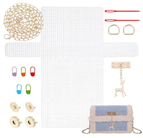 YAYNO 9 Piezas Kit de Bordado Tejido para Bolso con Mallas de Tela Plástica, Accesorios Crochet, Cuerdas y Soportes