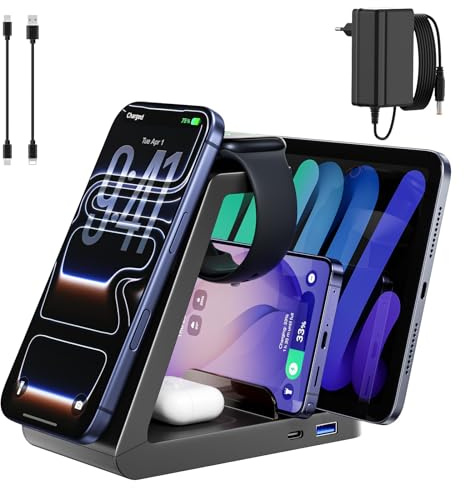 Caricabatterie magnetico a induzione 5 in 1 con adattatore e cavi C-C & C-Lightning, stazione di ricarica induttiva, caricatore wireless incluso USBC + USB, caricabatterie wireless compatibile con