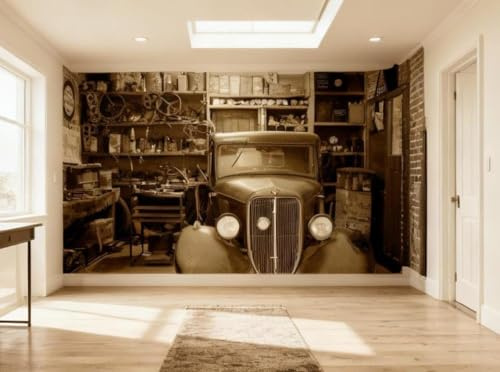 Sunny Graphics Print Vintage Garage Car Wallpaper Mural Photo Classic Retro Vehicle in Workshop Scene Wall Art for Lounge Studio Wall Covering Decoration Poste
