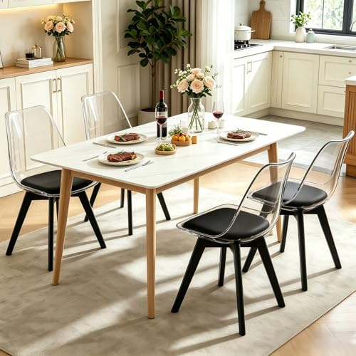 WXJHL Esszimmerstühle 4er Set,Mid-Century Modern ESS- & Küchenstühle mit geschwungener Lehne und gepolsterter Sitzfläche,Akzentstühle für Esszimmer,Küche & Wohnzimmer(Transparenzschwarz)