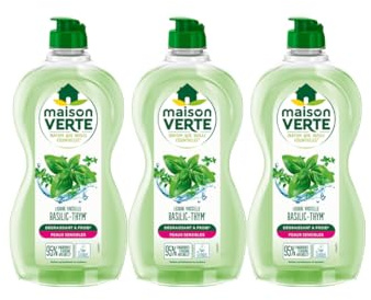 Maison Verte - Parfum aux Huiles Essentielles - Liquide Vaisselle - Parfum Basilic-Thym - Dégraissant à Froid - Pour Peaux Sensibles - 95% d'ingrédients d'origine naturelle - 500ml - Lot de 3