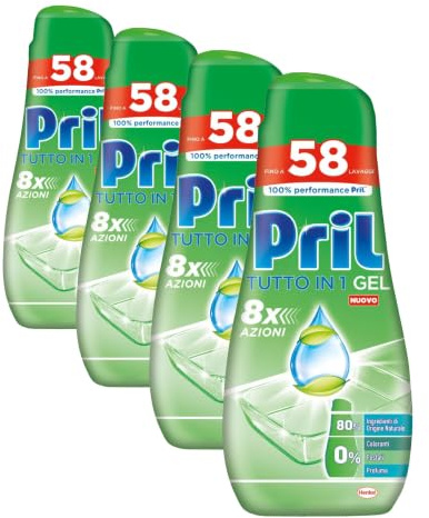 Pril Pril Gel Green Tutto in 1, Detersivo Lavastoviglie In Gel, 52+6 Lavaggi (Confezione da 4)