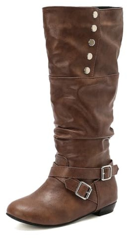 Generico Stivali al ginocchio donna stile vintage con fibbia e tacco basso per autunno e inverno