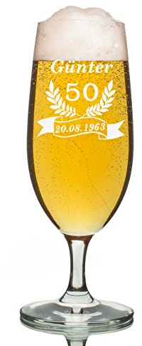 Leonardo Bierglas 0,3l Personalisiert mit Name, Alter und Jahreszahl zum runden Geburtstag für einen Mann und Frau, Geschenkidee - Motiv Jubiläum Ährenkranz Banner