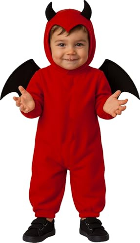 FIESTAS GUIRCA | Costume de Petit Diable Bébé (12-18 Mois) - Ailes, Cagoule et Combinaison - Costumes d'Halloween, Diables et Démons pour Fêtes Costumées - Idéal pour Bébé - Rouge et Noir