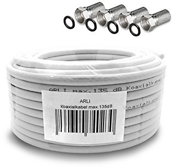 ARLI 50m Koaxialkabel 135dB 5-fach geschirmt + 4x F-Stecker – Sat Antennenkabel für DVB-S/S2 DVB-T/T2 DVB-C/C2 4K UHD HDTV Innen Außen