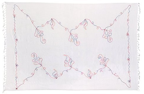 Kascha Sarong Pareo Wickelrock Strandtuch Tuch Wickeltuch Handtuch - Blickdicht - ca. 170cm x 110cm - Weiss Einfarbig mit Bunter Stickerei Handgefertigt inkl. Kokos Schnalle in runder Form