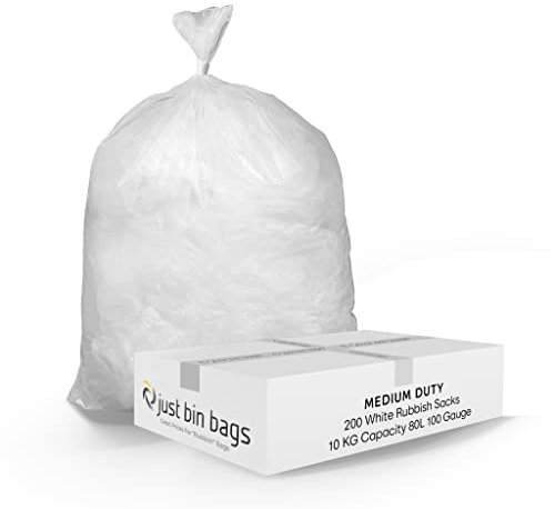 Rubbish Bags 80l Medium Duty Coloured Refuse Sacks Bin Liners - 100 Gauge, 25 Micron, Weight Capacity 10kg - 45cm x 72cm x 97cm (200 Bags) - White