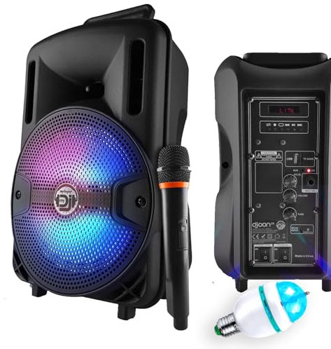 Enceinte Karaoké Mobile Party Dj Sono PA Batterie 8 400W à LEDs RVB USB/SD/BT + Micro VHF MyDJ Djoon08 + Ampoule DIAMS