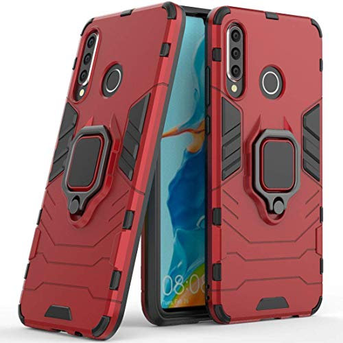 Compatible con Huawei P30 Lite Funda, Anillo Metálico Sujeción Soporte Antichoque Caja (Funciona con el Montaje de Coche Magnético) Doble Capa Case Carcasa para Huawei P30 Lite, Nova 4E (Rojo)