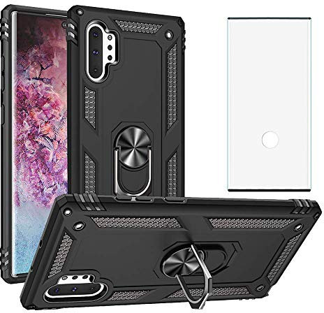 Phone Case for Samsung Galaxy Note 10 Plus/5G with Tempered Glass Screen Protector Stand Ring Holder Shockproof Heavy Duty Accessories Magnetic Note10 Note10plus10plus Ten Note10+ 10+5g 10+ Pro Black