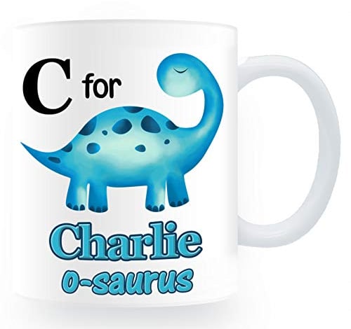 Personalised Plastic Unbreakable Kids Cup/Mug Blue Alphabet Dinosaur Theme Child/Baby/Toddler Cup for Boys