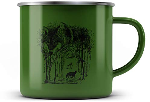 Ma2ca® Wolf Forrest Wölfe Hirsch Hirsche Emailletasse Campingbecher Tasse Emaillebecher Kindertasse Becher-Gruen