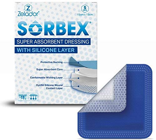 Sorbex Super saugfähige Wundauflage mit OptiSil Silikon-Kontaktschicht für mittelschwere bis schwere nässende Wunden, 20 x 40 cm, 5 Stück