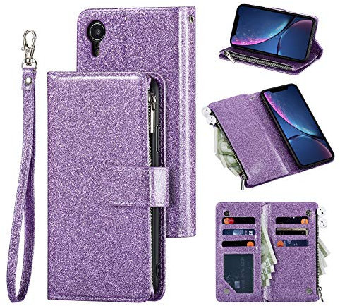 UEEBAI Wallet Case for iPhone XR, Premium Glitter PU Leather Case Magnetic Closure Bling Handbag Zipper Pocket Case Kickstand Card Holder Slots Shockproof Flip Cover for iPhone XR - Purple#2