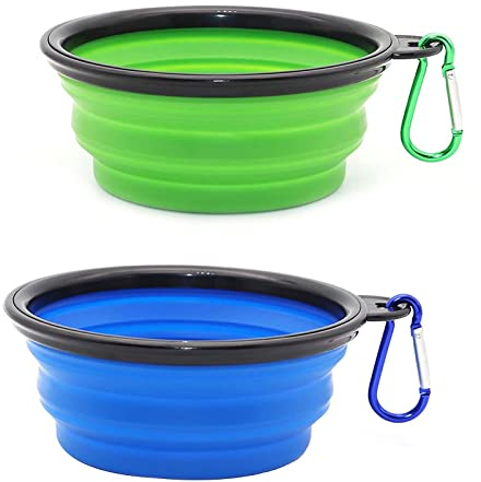 Zusammenklappbarer Hundenapf, zusammenklappbarer Wassernapf für Hunde und Katzen, tragbarer Futternapf für Haustiere, Bewässerungsschale, tragbarer Hundenapf mit Karabiner (klein (350 ml) blau + grün)