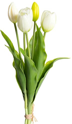 Botanic-Haus künstliches Tulpenbündel Holland mit 3 Tulpen und 2 Tulpenknospen real Touch (Creme-weiß)