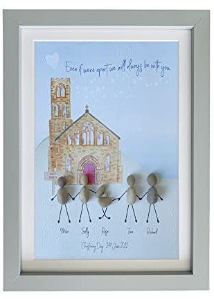 Pebble Art Framed Picture Church. Gift for Christening, Baptism, Dedication, Naming. Customised with space for family and Godparents