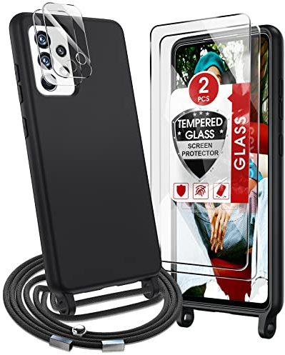LeYi Handykette Hülle für Samsung Galaxy A52S 5G/A52 4G/5G mit Band und 2*Schutzglas & 2*Kamerafolie,Silikon Necklace Handyhülle mit Kordel zum Umhängen Dünn Soft Kette Cover Chain Schutzhülle Schwarz